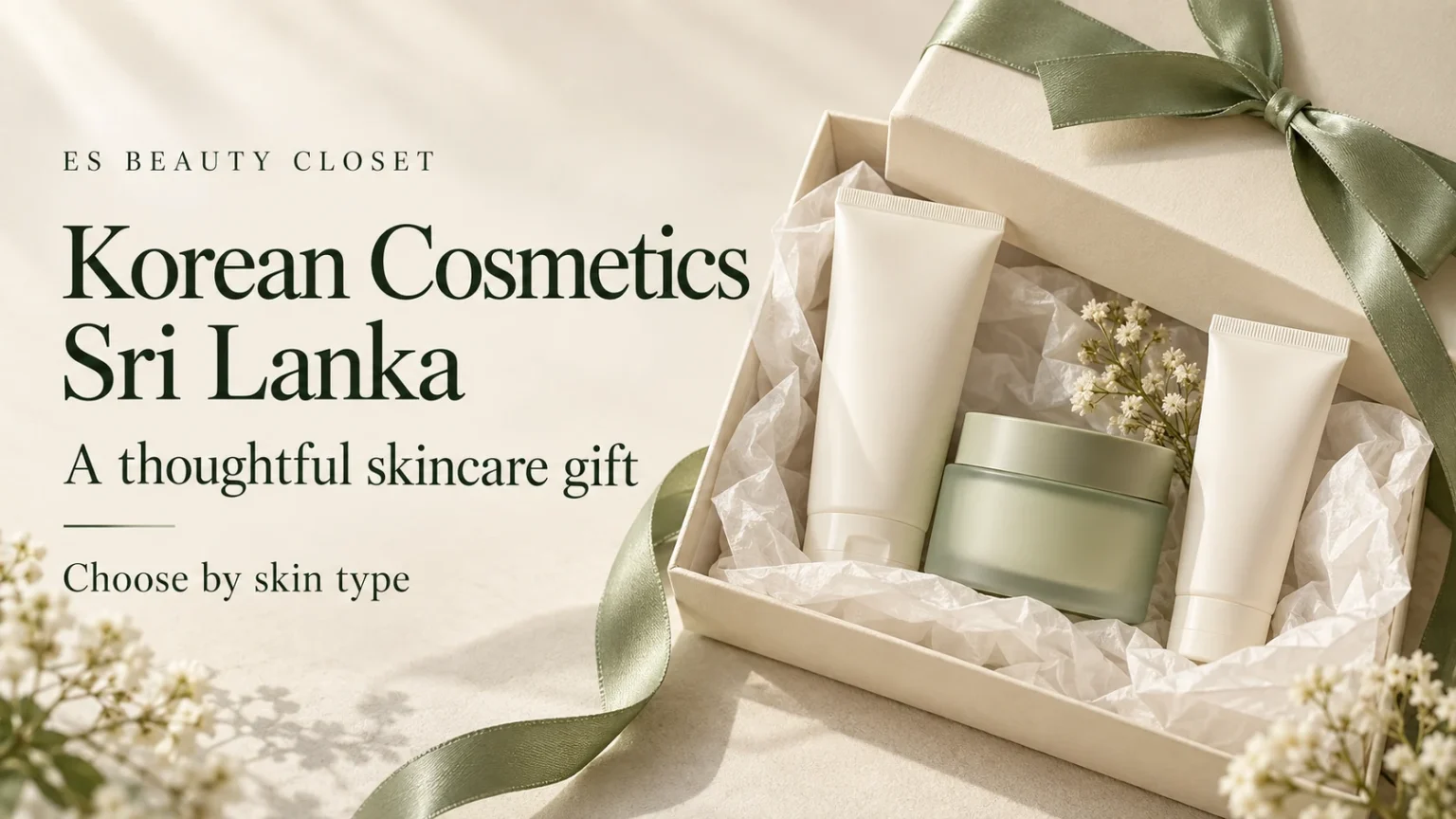 Illustrative skincare gift box with ivory cosmetic containers and a sage ribbon for the ES Beauty Closet Korean cosmetics gift guide.