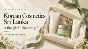 Illustrative skincare gift box with ivory cosmetic containers and a sage ribbon for the ES Beauty Closet Korean cosmetics gift guide.